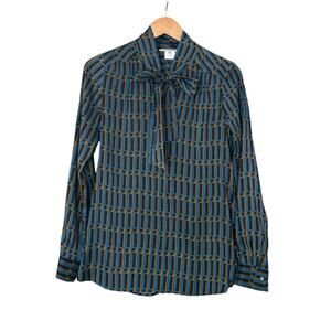Gerard Darel Coquette Silk Blouse Bow Tie FR38 Geometric Teal Black Dark Gold